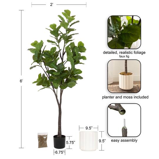 Kate and Laurel 6ft. Fidmont Faux Fiddle Fig Tree with White Planter